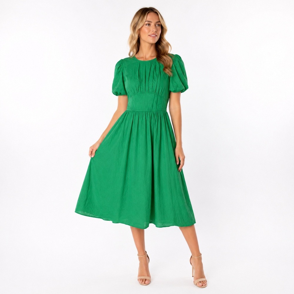 Böhme Green Linen Blend Puff Sleeve Fit &‎ Flare Midi Dress Womens M NWT